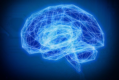 machine learning , artificial intelligence , ai , deep learning and future concept. wireframe brain connect with circuit electronic graphic and binary code abstract background.blue tone