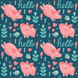 seamless pattern with pigs, plants and acorns

