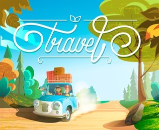 the family goes on holiday car, family with pets.
