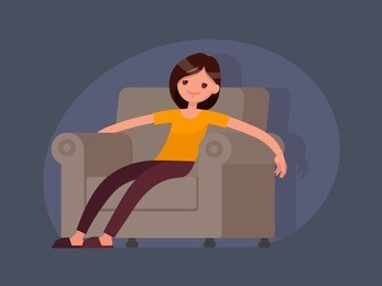 tired woman came home from work and sits in a soft chair. vector illustration in a flat style