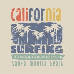 vector illustration on the theme of surfing and surf in california, santa monica beach.  grunge background. typography, t-shirt graphics, print, poster, banner, flyer, postcard