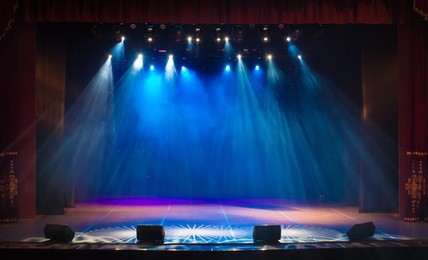 scene, stage light with colored spotlights and smoke