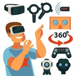virtual reality or vr game devices and gadgets flat vector icons. internet gamer in 3d cardboard glasses, gamepad controller joystick and wireless smartphone dongle for 360 degree user experience
