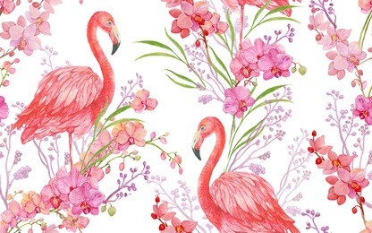 seamless pattern .exotic pink orchids and pink flamingos.pattern for printing onto fabric,wallpaper,
