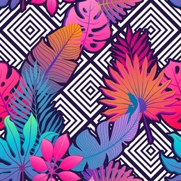 exotic leaves and flowers on geometrical ornament. seamless tropical pattern. vector background with paradise bird flower and rhombus.