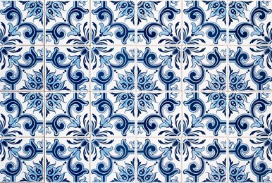 closeup detail of old portuguese glazed tiles.