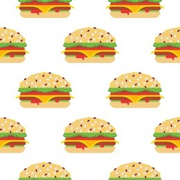 seamless pattern consisting of fast food, drawn in a flat style for wrapping paper or for printing on fabric. a pattern of hamburgers isolated on white background