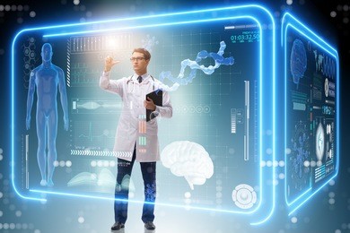 doctor in futuristic medical concept pressing button