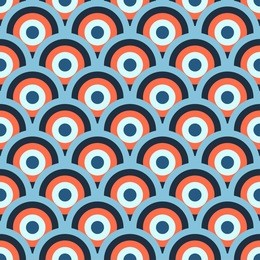 retro 60-s geometric seamless pattern with blue and orange circles and waves. vector illustration for background, wrapping paper, textile print, wallpaper, package, greeting card.