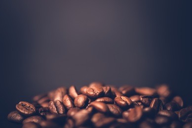 brown roasted coffee beans, seed on dark background. espresso dark, aroma, black caffeine drink. closeup isolated energy mocha, cappuccino ingredient.