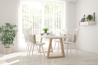 white dinner room with green landscape in window. scandinavian interior design. 3d illustration