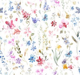 hand painted multicolor watercolor allover seamless flowers and plants on a white background