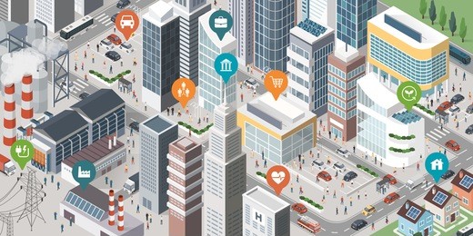 isometric smart city with skyscrapers, industrial area, residential area, people and vehicles; location pins on the top of the buildings