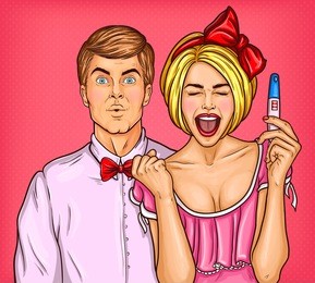 vector pop art illustration of an excited young woman with a positive pregnancy test and her surprised husband