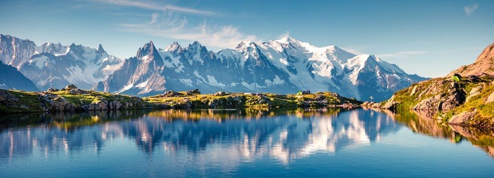 colorful summer panorama of the lac blanc lake with mont blanc (monte bianco) on background, chamonix location. beautiful outdoor scene in vallon de berard nature reserve, graian alps, france, europe.