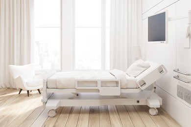 side view of a hospital ward with a bed, a tv set, a white armchair and curtains on large windows. 3d rendering, mock up