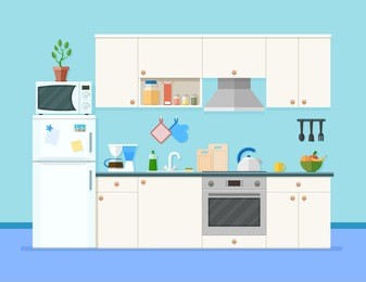 kitchen interior with furniture.shelves with spices and fruits. microwave oven, fridge, coffee machine and other equipment, cookware and accessories for cooking. cartoon flat style vector illustration 