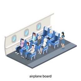 isometric 3d vector illustration concept interior inside the plane with passengers and stewardess