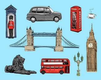 set of london hand drawn landmarks. objects symbolizing england. vector illustration collection: big ben, tower bridge, double-decker buses, taxi cab,trafalgar square lions.