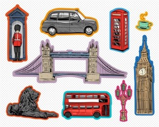 set of london hand drawn landmarks. objects symbolizing england. vector illustration collection: big ben, tower bridge, double-decker buses, taxi cab,trafalgar square lions.