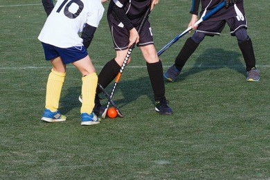 children playing field hockey competitively. two opponents contesting the ball in front of goal