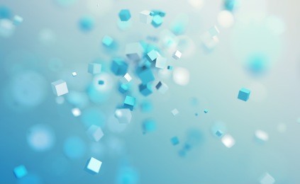 abstract 3d rendering of chaotic cubes. flying shapes in empty space. dynamic background with bokeh, depth of field effect. design for poster, banner, placard.