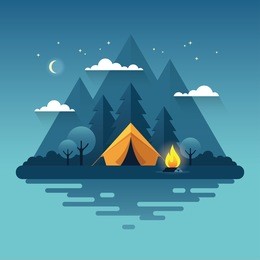 night landscape illustration in flat style with tent, campfire, mountains, forest and water. background for summer camp, nature tourism, camping or hiking design concept.