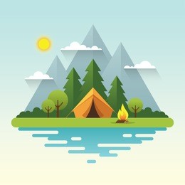 sunny day landscape illustration in flat style with tent, campfire, mountains, forest and water. background for summer camp, nature tourism, camping or hiking design concept.