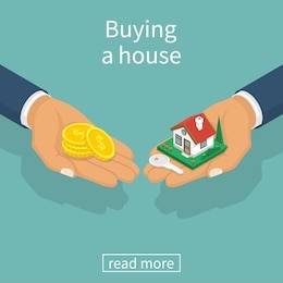 buying house. agent of real estate holding in hand house, key. buyer, customer gives gold coin. deal sale and purchase of real, concept. vector illustration flat isometric design. money home.
