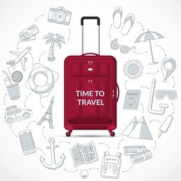 travel bag with the set of tourism, journey, trip, tour, summer vacation doodle icons. time to travel concept illustration