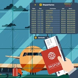 hand of the passenger with boarding pass and passport in the airport terminal. vector illustration. flight delayed due to bad weather.