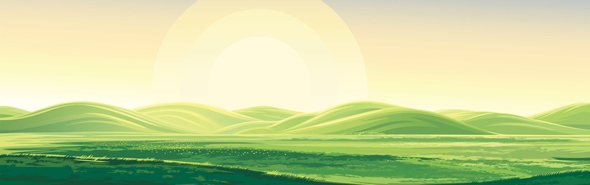 summer rural landscape, dawn above hills, elongated format.