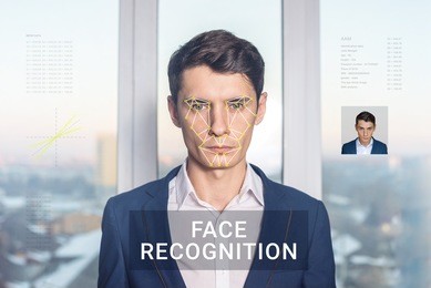 recognition of a male face by layering a mesh and the calculation of the personal data by the software. biometric verification and identification