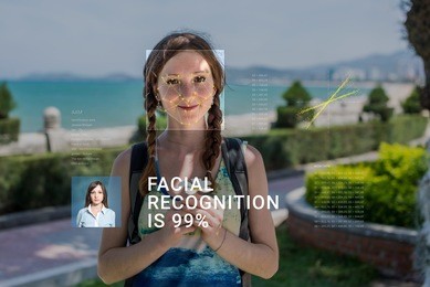 recognition of a female face by layering a mesh and the calculation of the personal data by the software. biometric verification and identification