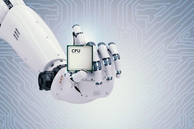 3d rendering robot hand holding cpu chip or microchip