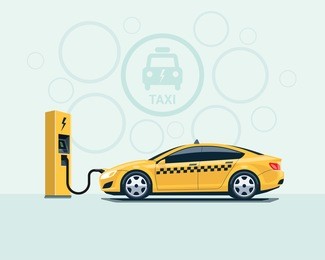 vector illustration of yellow electric taxi car parking and recharging at the charger station in cartoon style. 