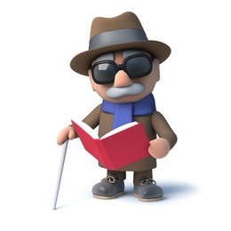 3d render of a cartoon blind man holding a red book