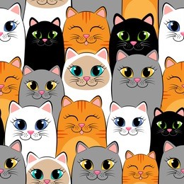 seamless pattern with cats. background with gray, white, black, ginger and siamese kittens