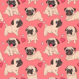 seamless pattern with image of a funny cartoon pugs puppies on a pink background. vector illustration.