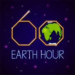 earth hour banner or poster neon style. event with earth, space, stars and text on dark blue background