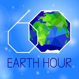 earth hour banner or poster neon style. event with earth, space, stars and text on blue sky