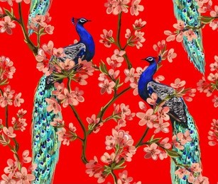 beautiful vector seamless pattern with peacock tropical japanese flowers, tree, spring wallpaper, branches. perfect for wallpapers, web page backgrounds, surface textures, textile.