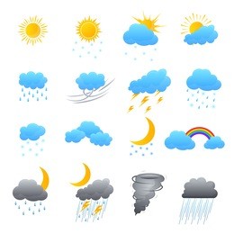 cartoon weather color icons set meteorology forecast concept for web design flat style. vector illustration