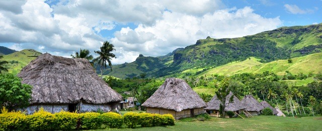 panoramic view of fijian bures in navala village in the ba highlands of northern-central viti levu, fiji. it is one of the few settlements in fiji which remains fully traditional architecturally.