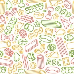 seamless pattern with varieties of pasta. design elements in thin line style. color print on white background