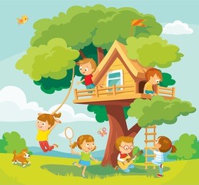 illustration with summer background, children playing and tree-house
