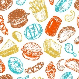 fast food pattern. hand drawn vector pattern. unhealthy food. 
