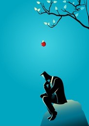 business concept illustration of an apple falling dawn to the head of a thinking businessman