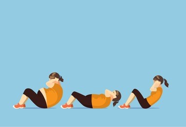 fat woman change body to slim with doing sit up. illustration about lose weight.