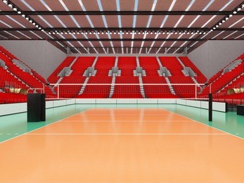 3d render of beautiful sports arena for volleyball with floodlights and  red seats and vip boxes for ten thousand people